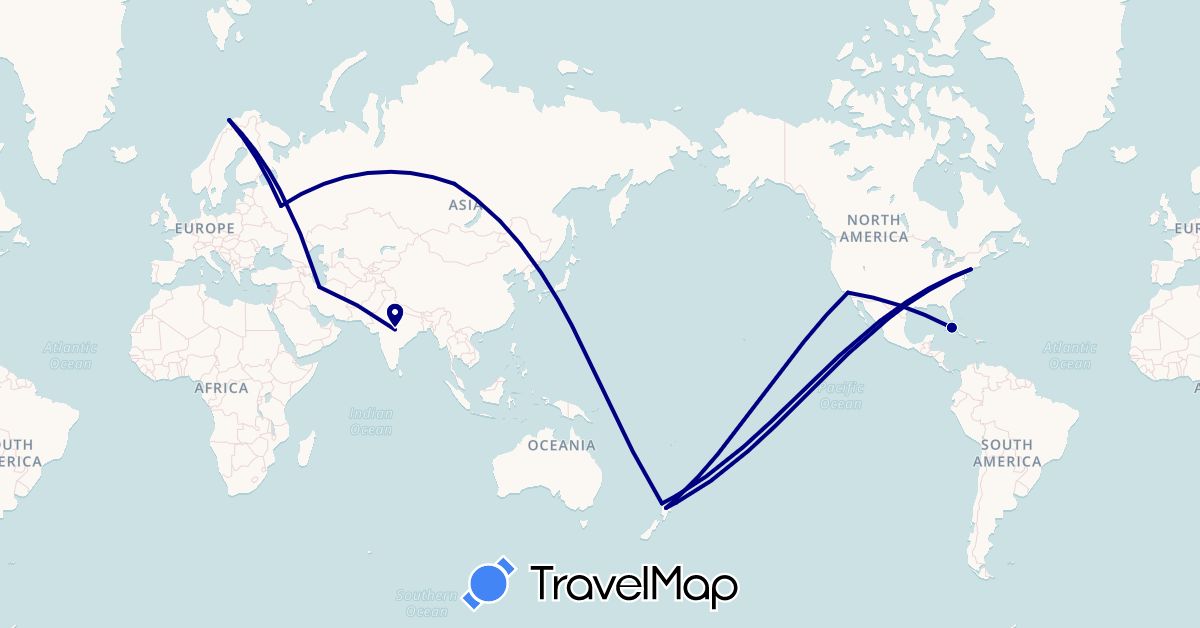 TravelMap itinerary: driving in Cuba, India, Iran, Norway, New Zealand, Russia, United States (Asia, Europe, North America, Oceania)